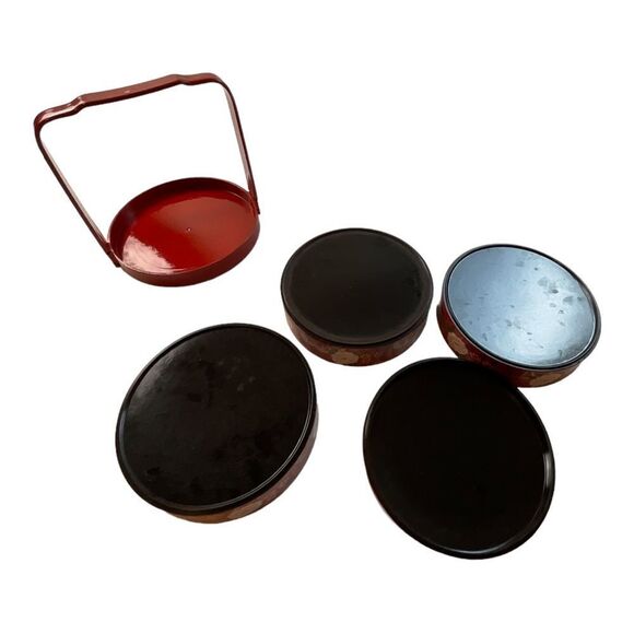 Vintage Retro Bento Box Red Enamel Floral  3 Pieces Lid and Holder - Picture 9 of 14